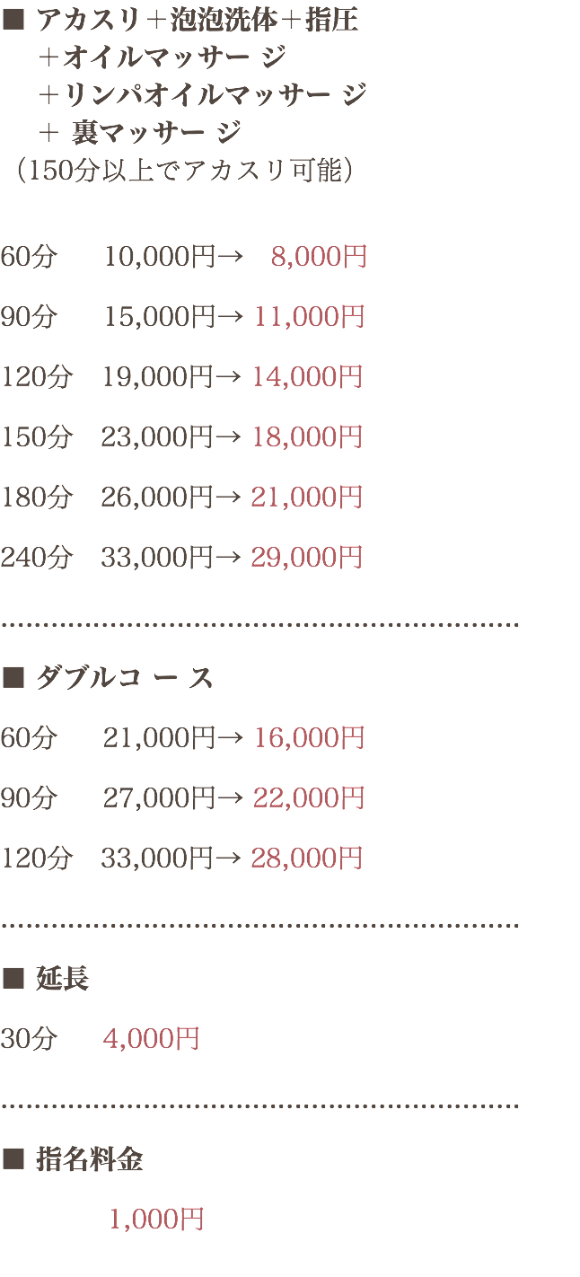 ■ アカスリ＋泡泡洗体＋指圧 ＋オイルマッサー ジ ＋リンパオイルマッサー ジ ＋ 裏マッサー ジ （150分以上でアカスリ可能） 60分 10,000円→ 8,000円 90分 15,000円→ 11,000円 120分　19,000円→ 14,000円 150分　23,000円→ 18,000円 180分　26,000円→ 21,000円 240分　33,000円→ 29,000円 .............................................................. ■ ダブルコ ー ス 60分 21,000円→ 16,000円 90分 27,000円→ 22,000円 120分　33,000円→ 28,000円 .............................................................. ■ 延長 30分 4,000円 .............................................................. ■ 指名料金 1,000円